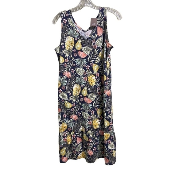 NEW J Jill Dress Multicolor Flounced Hem Double V-neck Knit Pineapple Tropical - Picture 2 of 5
